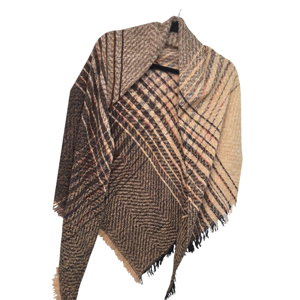 Plaid Herringbone Wrap Shawl Drape Womens OS Brown Earthy Fringe Layer Fall Open